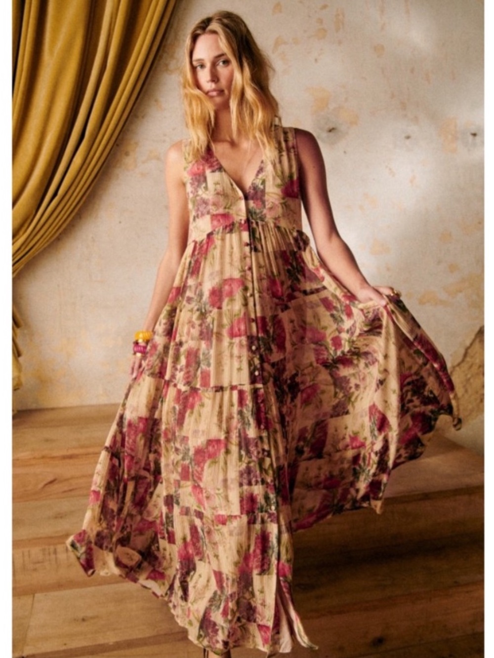 SEZANE Cream Red Rose Floral Patchwork Sleeveless Flowy Silk Alameda Maxi Dress - Picture 16 of 16